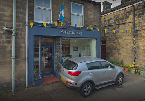 The shopfront at 61 Bondgate with Atrium LXI lettering above the blue entrance
